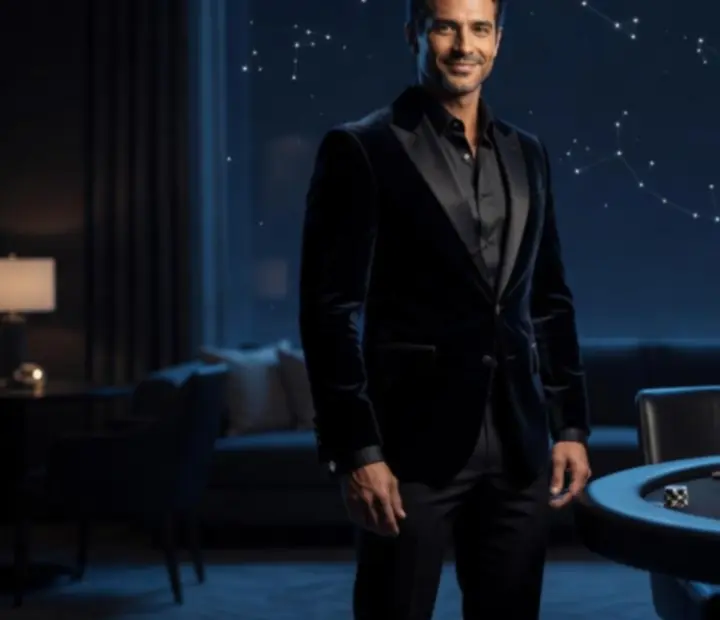 Mosolygó, elegánsan öltözött Blackjack házigazda a vendégek fogadása közben