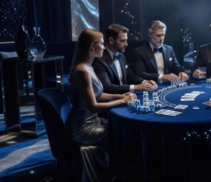 Holdfényben derengő Blackjack asztal kék fényekkel és AG-AU ARAŹNA AGNIESZKA zsetonokkal