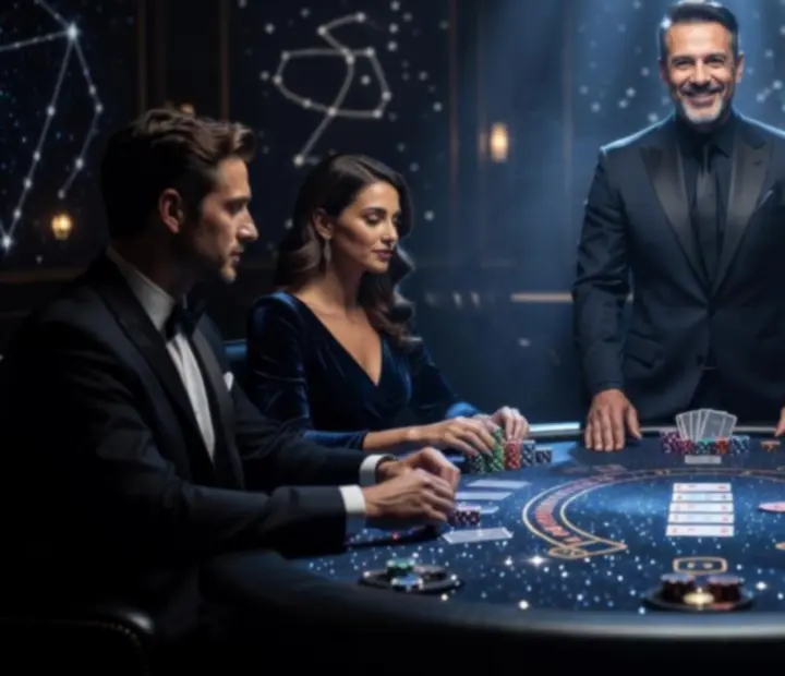 Blackjack asztal VIP hangulatú teremben, holdfényes megvilágítással.