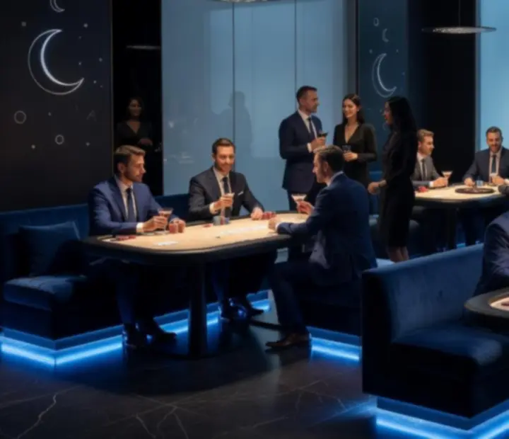 Céges rendezvény kék lounge fényekkel és beszélgető vendégekkel.
