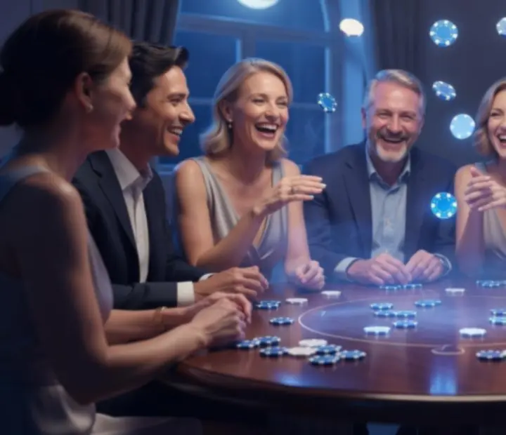Vendégek nevetnek egy elegánsan megvilágított kaszinó‑stílusú asztalnál.