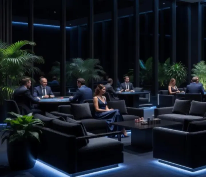 Céges lounge hangulat, elegáns vendégek beszélgetnek kék fényben.
