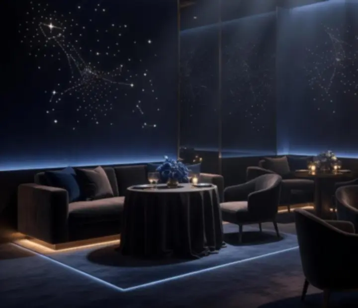 Holdfényes lounge világítás és mélykék enteriőr privát eseményen.