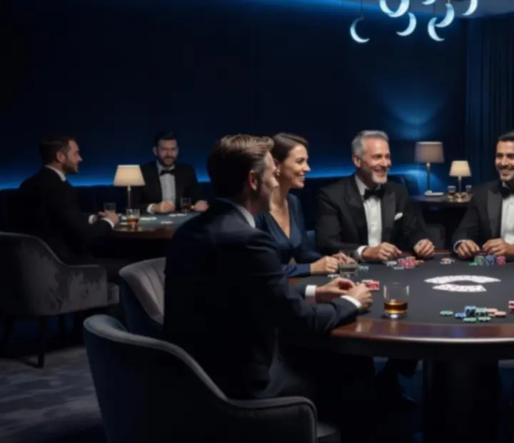 Mosolygó vendégek egy asztal köré gyűlve, chips-ekkel és pontokkal játszva.