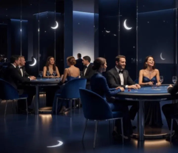 Pókerező vendégek elegáns, kék fényű asztaloknál, holdfényes lounge hangulatban.