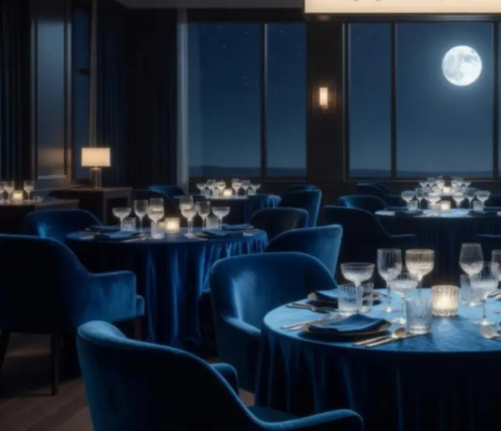 Lounge jellegű terem kék fényekkel és kaszinó‑stílusú asztalokkal.